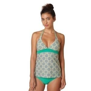 Prana Lahari Tankini Halter Top Swimsuit SMALL Green Sundial Geometric Swimwear